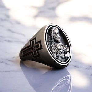 Anillo del Sagrado Corazón de Jesús, llamativo sello religioso de plata 925, oración del Sagrado Corazón de Jesús, joyería devocional cristiana, anillo de fe religiosa