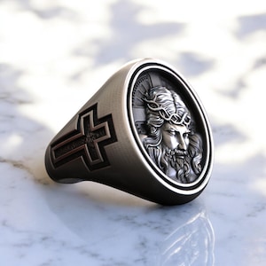 Anillo de Jesús con Corona de Espinas, llamativo sello religioso de plata 925, joyería religiosa de plata con una corona de espinas de Jesucristo.