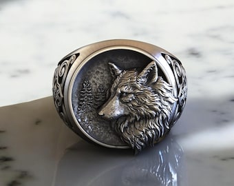 Handcrafted Sterling Silver Wolf Ring, Forest Scene Animal Jewelry