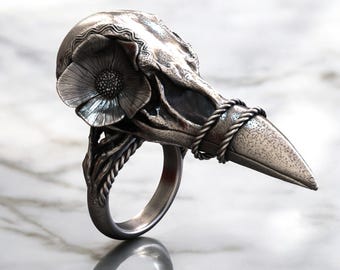 Anillo de calavera de cuervo, joyería gótica de plata de ley con calavera de pájaro y flor