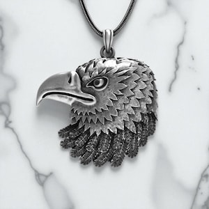 Sterling Silver Eagle Head Pendant, Majestic Falcon Necklace, Detailed Bird of Prey Jewelry Gift for Men, Animal Collection