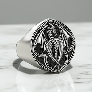 Dragon Silver Ring 925 Sterling – Handmade Gothic Signet Ring, Bold Men’s Statement Jewelry, Unique Sterling Silver Fantasy Dragon Ring