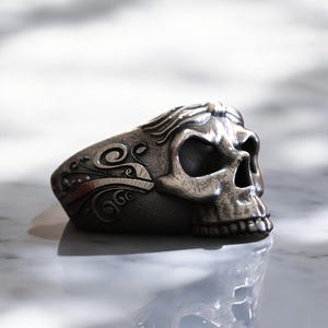 Skull and Leaves Skull Biker Ring, 925 Sterling Silver Gothic Jewelry, Wiccan Ring, Fantasy Ring, Friendship Ring, Witch Ring, Memorial Gift