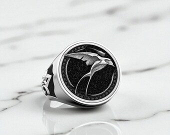 Oxidized Sparrow Bird Ring - 925 Sterling Silver Band, Nature Animal Design, Sizes 4-10