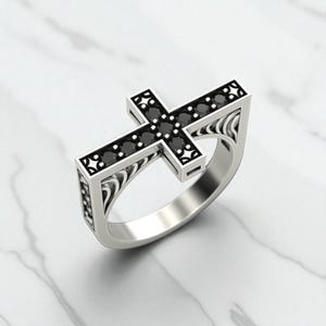 Cross Silver Ring – 925 Sterling Gothic Cross Band with Black Stones, Handmade Bold Statement Ring, Unique Silver Jewelry for Men and Women