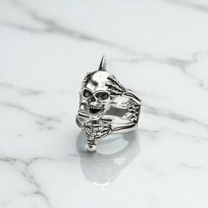Skeletal Hands Spiked Skull Ring – 925 Sterling Silver Gothic Biker Ring, Fierce Skull and Spike Design, Handmade Bold Statement Jewelry
