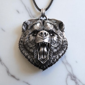 Ferocious Bear Silver Necklace - Bear Head Pendant 925 Sterling Silver Necklace – Handmade Animal Totem Jewelry, Powerful Wildlife Talisman