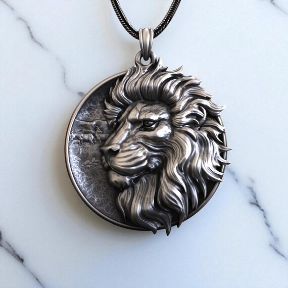 thumbnail image 2 of Gold & Silver Lion Head Mane Animal Pendant Necklace – King Lion Design, 72cm Curb Chain 2 of 3
