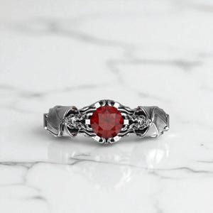 Gothic Vampire Bat Ring 925 Sterling Silver with Red Gemstone for Men Women Unique Gothic Jewelry Handmade Statement Ring