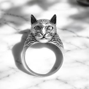 Cat Ring, Handmade 925 Sterling Silver Detailed Kitty Face Statement Ring, Feline Jewelry, Unique Animal Lover Gift for Her, Pet Owner Charm