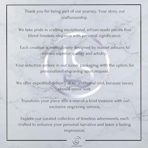 May include: A white and gray graphic with text that reads, "Thank you for being part of our journey. Your story, our craftsmanship." Additional text describes artisan-made pieces, engraving, and expedited delivery. The logo "LS lawlesssilver" is at the bottom.
