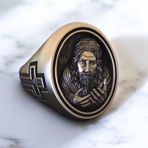 Praying Jesus Ring, Unique 925 Silver Religious Signet Band, Jesus Signed Silver 925 Sterling Unisex Christian Jewelry, Religious Faith Ring