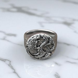 Dragon Direwolf Silver Ring – Stark & Targaryen Silver Ring - 925 Sterling Silver Mythical Beast Design, GOT Silver Jewelry, GOT Silver Ring