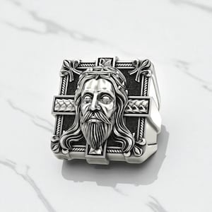 Jesus Cross Ring – 925 Sterling Silver Religious Jewelry, Detailed Jesus Face with Crown of Thorns, Handmade Men’s Statement Ring Gift
