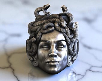 Medusa Silver Ring, 925 Sterling Mythology Snake Ring, Men's Signet