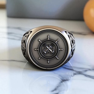 Nautical Anchor Ship Wheel 925 Sterling Silver Ring, 925 Sterling Silver Sailor Signet Ring for Men, Ocean Lover Gift