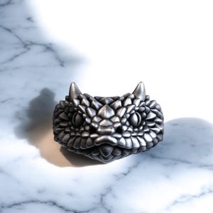 Serpent Head Ring, Striking 925 Sterling Silver Snake Statement Band, Mysterious Horned Snake Head, Silver Mythical CreatureInspired Jewelry