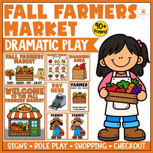 Op de afbeelding: Een digitale printbare set getiteld Fall Farmers Market Dramatic Play met meer dan 90 pagina's aan borden, rollenspelmaterialen en kassa-afbeeldingen. De set bevat illustraties van een boer die een krat met verse producten vasthoudt.