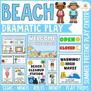 Può includere: Una collezione di oggetti di scena per giochi drammatici a tema spiaggia, tra cui cartelli, menu e materiali per giochi di ruolo. L'immagine presenta il testo "BEACH DRAMATIC PLAY" e "WELCOME TO THE BEACH". Sono presenti anche illustrazioni di scene di spiaggia e personaggi.