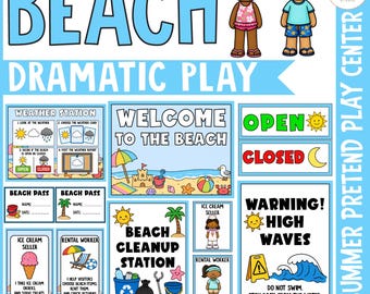 Centro giochi di ruolo in spiaggia, attività estive di finzione per la scuola dell'infanzia e la scuola materna.