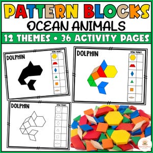 May include: Pattern blocks ocean animals activity set with 12 themes and 36 activity pages. Includes three dolphin worksheets showing black silhouette, colored shape, and outline versions with a counting column, plus a pile of colorful wooden shapes.