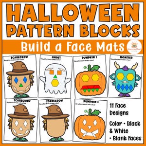 Könnte beinhalten: Halloween-Musterblock-Gesichtsmatten mit 11 Gesichtsdesigns, darunter eine Vogelscheuche, ein Geist, ein Kürbis und ein Monster. Die druckbaren Aktivitätsblätter zeigen Umrisse zum Platzieren geometrischer Formen, um Gesichter zu gestalten.