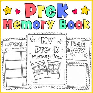 Peut inclure: Un "Prek Memory Book" en noir et blanc avec du texte coloré et des illustrations d'étoiles et de cœurs. Le livre comprend des pages pour les autographes, les souvenirs et les photos. La couverture indique "My Pre-K Memory Book."