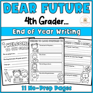 以下が含まれることがあります： 4年生向けの、11枚の準備不要なライティングページ集。 「4年生へようこそ」や「楽しみなこと」などのプロンプトが特徴です。 ページは青と白を基調とし、漫画のイラストが描かれています。