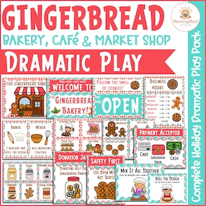Puede incluir: Un colorido juego con temática de panadería de jengibre. El juego incluye letreros para la panadería, horarios comerciales y opciones de pago. También hay instrucciones para hornear, decorar y enrollar la masa. El juego está diseñado para el juego dramático.