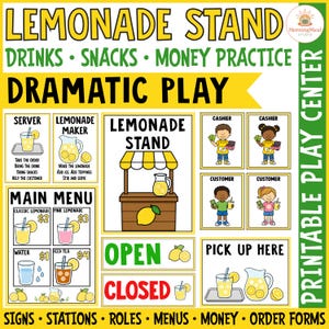 May include: A colorful printable lemonade stand set for dramatic play. Includes signs, menus, and role cards. Features illustrations of lemonade, customers, and cashiers. Perfect for kids' imaginative play and learning.