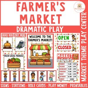 May include: A colorful illustration for a farmer's market dramatic play set. The image includes signs, stations, role cards, and play money. The text reads "Farmer's Market Dramatic Play" and "Welcome to the Farmer's Market!"