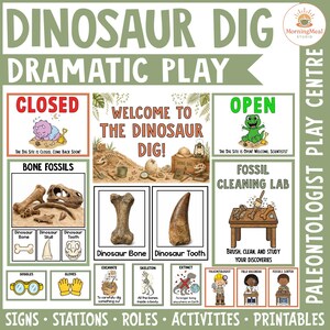 Pode incluir: Um conjunto imprimível educativo colorido para um centro de jogos dramáticos de escavação de dinossauros. Inclui sinais, fósseis ósseos e cartões de atividades. Apresenta o texto "DINOSAUR DIG DRAMATIC PLAY".