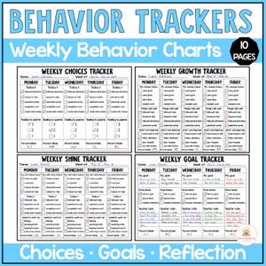 May include: A set of ten printable behavior tracker pages featuring four distinct weekly charts titled Weekly Choices Tracker, Weekly Growth Tracker, Weekly Shine Tracker, and Weekly Goal Tracker. Each chart includes columns for Monday through Friday.