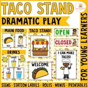 Peut inclure: Panneau jaune et blanc pour un jeu de rôle Taco Stand. Comprend des panneaux pour les plats principaux, les boissons et l'accueil. Comprend des illustrations de tacos, de burritos, de limonade, de jus et d'eau. Le texte comprend "Open", "Closed", et "I can make tacos!"