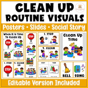 May include: A digital educational resource titled Clean Up Routine Visuals featuring posters, slides, and a social story. The layout includes cartoon illustrations of children cleaning, stop signs, a bell, a song icon, and step-by-step instructions.