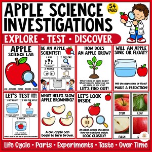Op de afbeelding: Een educatieve set van 54 pagina's over Apple Science Investigations met kleurrijke illustraties van appels, vergrootglazen en wetenschappelijke experimenten. De tekst bevat titels zoals Apple Science Lab, Explore, Test, Discover en Life Cycle.