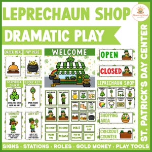 Peut inclure: Un ensemble de jeu dramatique sur le thème de la Saint-Patrick avec des enseignes, des stations et des outils de jeu. L'ensemble comprend une boutique de leprechauns, un panneau de bienvenue et divers éléments de jeu comme des pièces d'or, des charmes de trèfle et une caisse. Le texte comprend "Leprechaun Shop".
