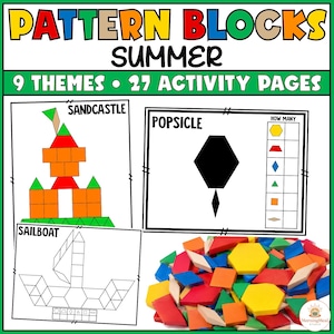 May include: A set of educational activity pages titled Pattern Blocks Summer featuring 9 themes and 27 pages. The pages show geometric shape designs for a sandcastle, popsicle, and sailboat, accompanied by a pile of colorful wooden pattern blocks.