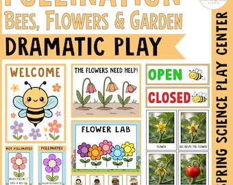 Centro de juego dramático sobre la polinización, actividades científicas de primavera sobre abejas, flores y jardines.