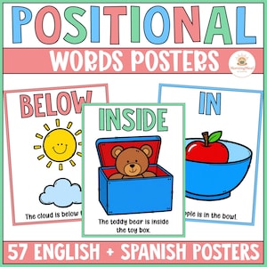 May include: A set of educational posters titled POSITIONAL WORDS POSTERS featuring illustrations of a sun and cloud, a brown teddy bear inside a blue toy box, and a red apple in a blue bowl with the text 57 ENGLISH + SPANISH POSTERS at the bottom.