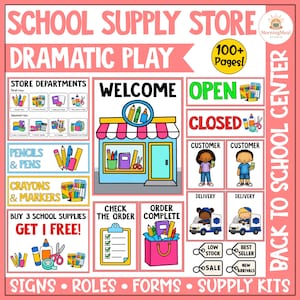 May include: A digital printable school supply store dramatic play set featuring signs, labels, and role-play cards. The collection includes illustrations of school supplies, store departments, customer and delivery roles, and order forms with text.