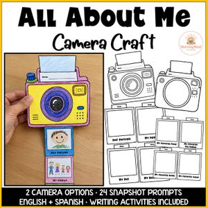 May include: A paper camera craft titled All About Me Camera Craft featuring a yellow camera with a purple lens and a pull-out strip showing drawings of a self-portrait and family. Includes black and white templates for cameras and photo frames.