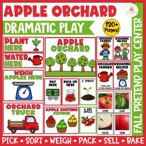 May include: An Apple Orchard Dramatic Play educational set featuring 120+ pages of printable signs and cards. Includes illustrations of apple trees, a red truck, a scale, a watering can, and labeled sections for planting, weighing, and sorting apples.