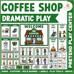 Peut inclure: Un ensemble de jeu éducatif coloré pour un café, comprenant des panneaux, des badges de rôle, des étiquettes et des outils de jeu. Comprend une illustration de café, des cartes de barista et de caissier, et diverses options de boissons. Le texte dit "Coffee Shop Dramatic Play".