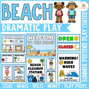 Op de afbeelding: Een digitale collectie van printbare borden en rekwisieten voor een strandthema rollenspelcentrum. Bevat illustraties van kinderen, een weerstation, strandpassen, rollenkaarten en waarschuwingsborden met tekst zoals Welcome to the Beach.