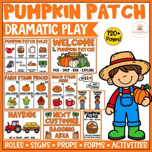 May include: A digital educational set for dramatic play titled Pumpkin Patch, featuring printable signs, role cards, price lists, and a menu. The set includes illustrations of a farmer, pumpkins, a tractor, and food items with text labels in English.