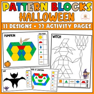 Könnte beinhalten: Ein Set mit Halloween-Musterblöcken, bestehend aus 11 Designs und 33 Aktivitätsseiten. Die Seiten zeigen geometrische Formen, die einen Kürbis, eine Hexe, eine Fledermaus und eine Laterne bilden, inklusive Zähltabellen mit der Aufschrift How Many.