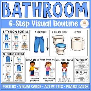 Può includere: Un grafico di routine visiva per il bagno in 6 fasi con intestazioni di testo blu, icone illustrate di pantaloni, WC, carta igienica e lavaggio delle mani. Include personaggi dei cartoni animati, testo didattico e schede di ricompensa.