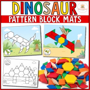 May include: Colorful dinosaur pattern block mats with the text "DINOSAUR PATTERN BLOCK MATS". The set includes three illustrated mats with dinosaur outlines and a pile of wooden geometric shapes in various colors for matching and building.