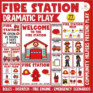 May include: A printable fire station dramatic play set featuring red and white graphics, including a fire station building, fire engine, fire hydrant, hose, firefighter and dispatcher characters, gear icons, and text labels for roles and scenarios.